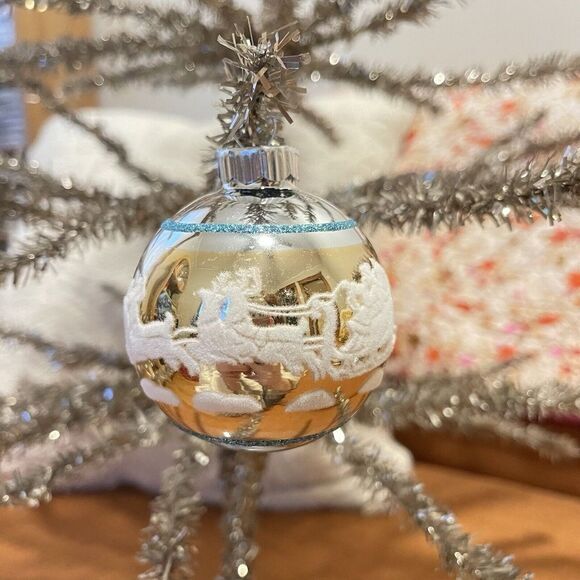3" Radko Shiny Brite Stenciled Flocked Ornament Santa Sleigh Ride Gold Blue Mcm - Picture 1 of 5